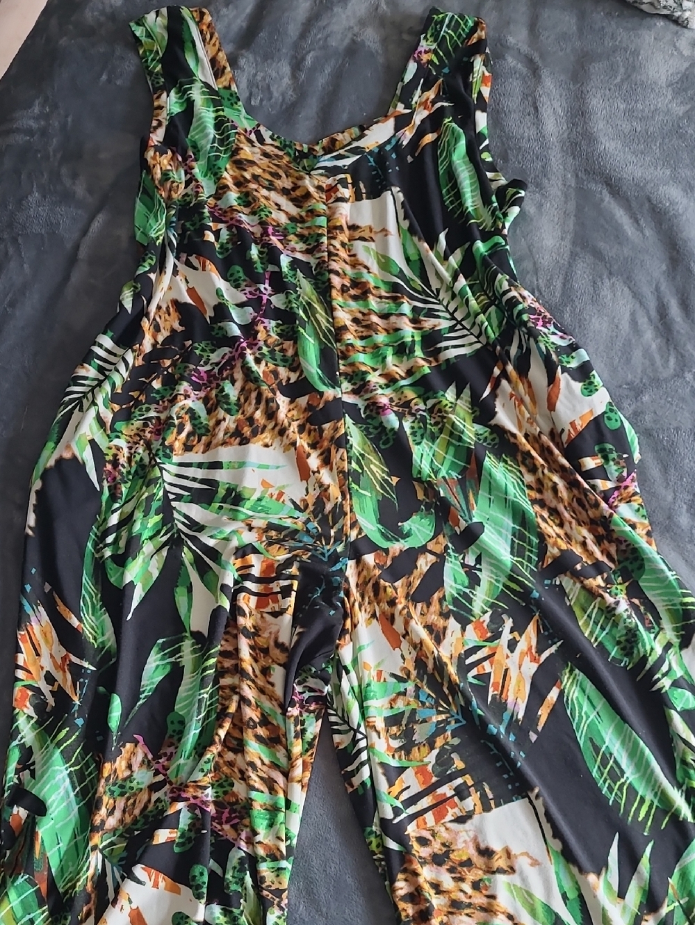 Attitudes by Renee Tropical Leaf & Leopard Print Wide-Leg Jumpsuit - Black Green